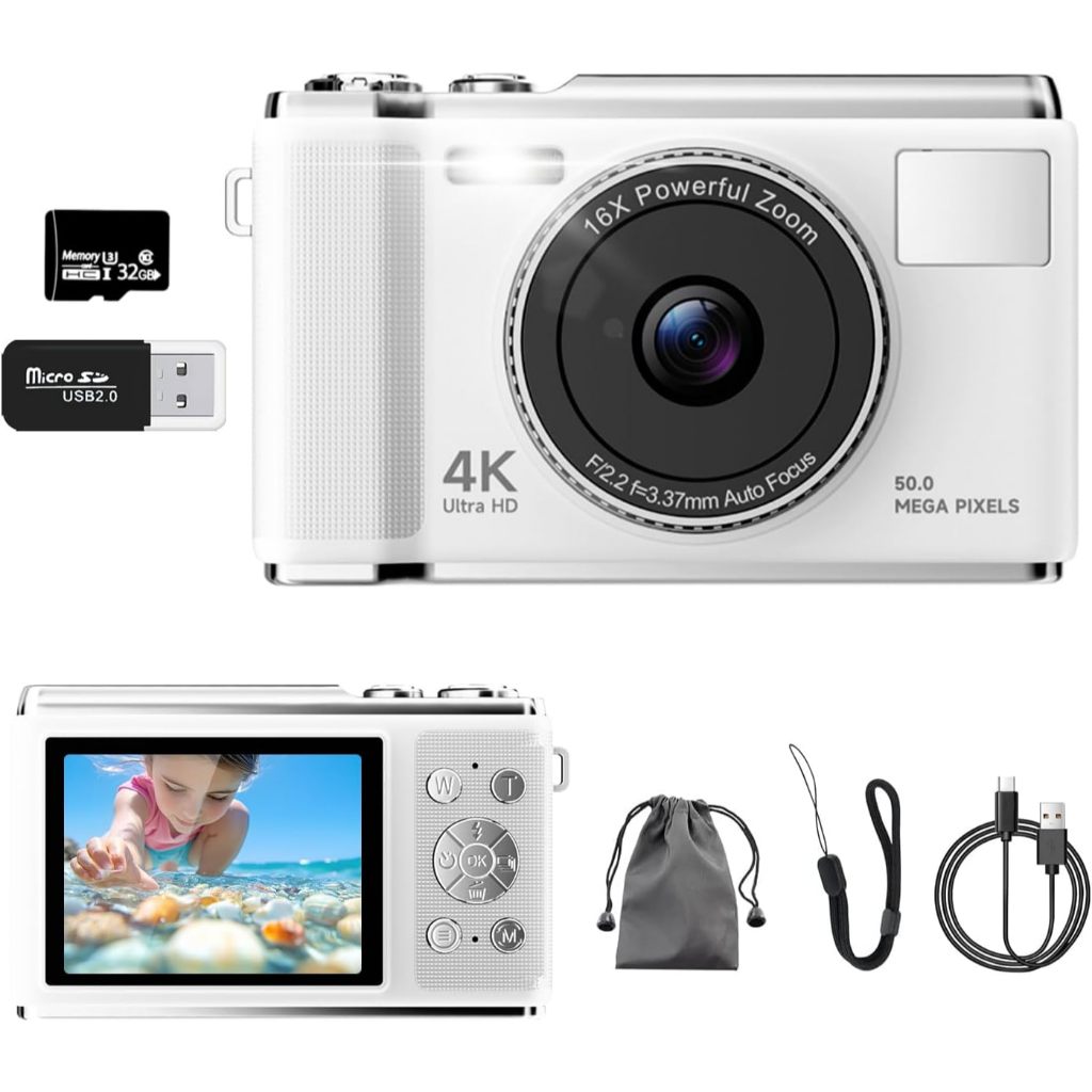 TASSOS Câmera Digital 4K HD 50MP Profissional para Vlog, Zoom 16X, Anti Shake, Tela LED e Cartão 32GB