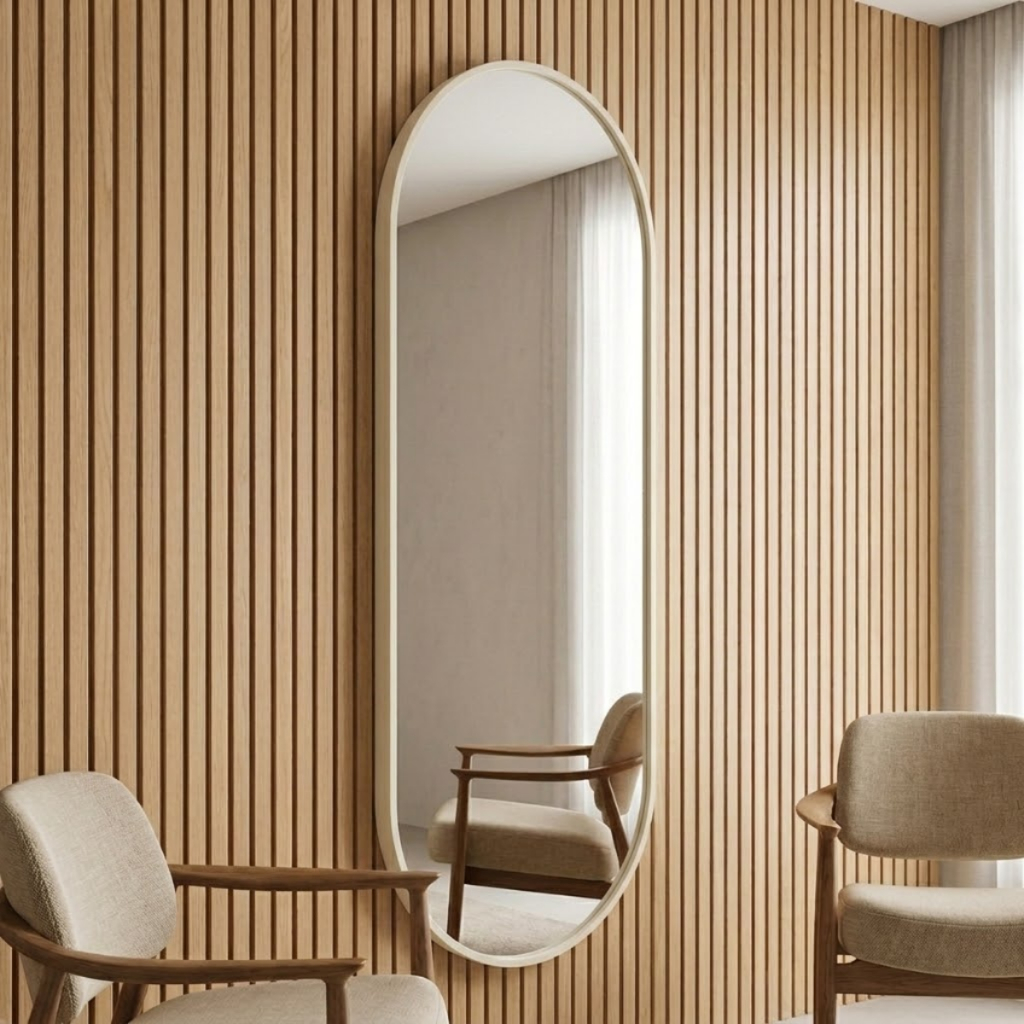 Imagem Espelho Lopazzi Oval Corpo Inteiro 110x50cm Moldura de Alumínio Decorativo Quarto Sala Banheiro