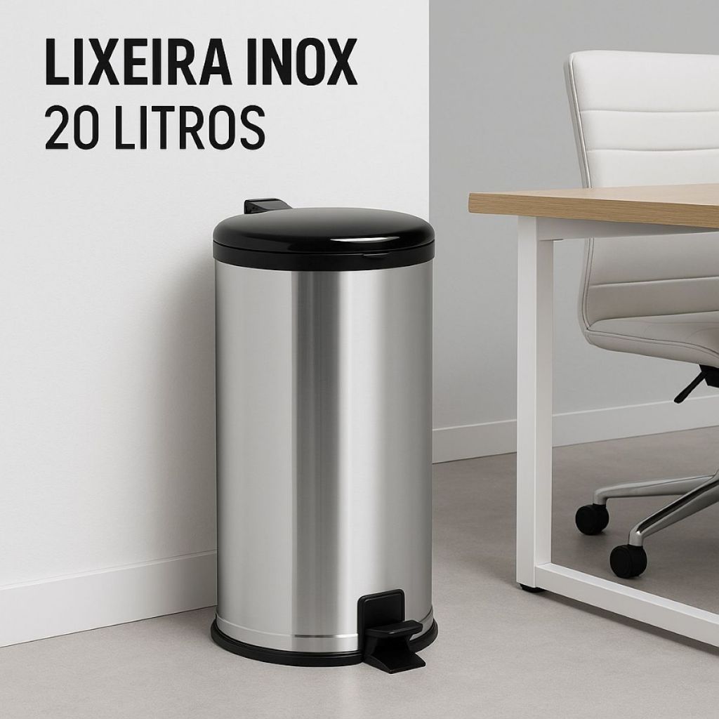 Lixeira Inox Tampa Preta 12L 15L 20L com Pedal para Banheiro Cozinha Escritório Empresa