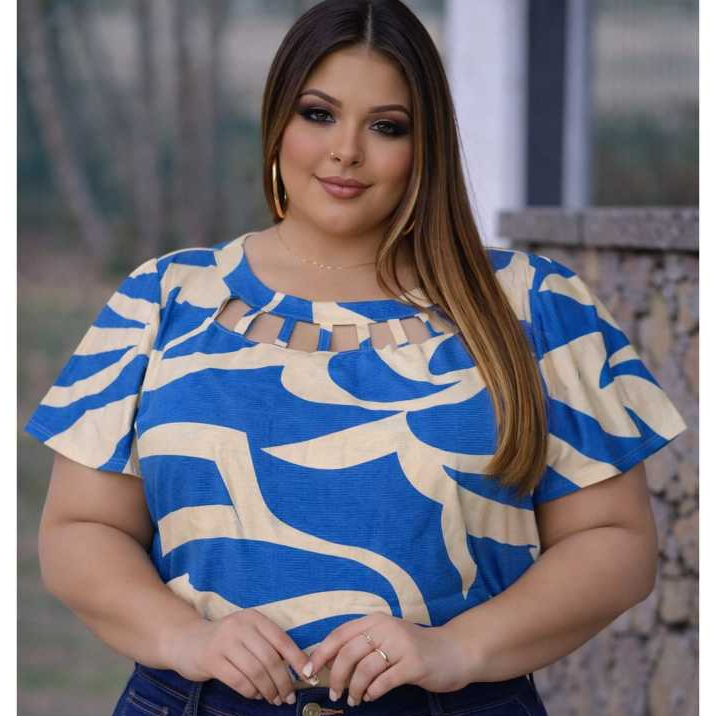 Blusa Plus Size Feminina com Decote em Tiras de Manga Curta Soltinha em Viscolinho (GG ao G3) em Oferta na Shopee