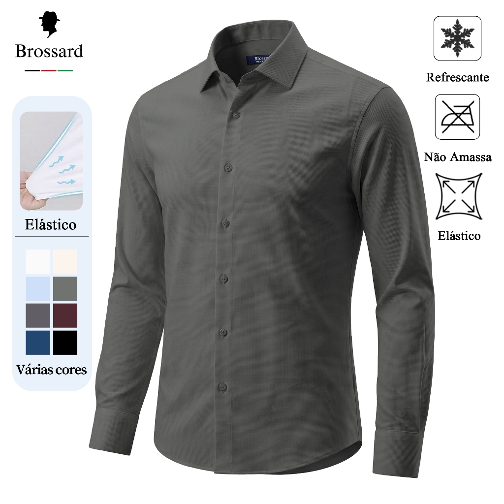 BROSSARD Camisa Social Masculina Malha Slim, Blusa Roupa Trabalho Não Amassa Elastano Premium Brasil