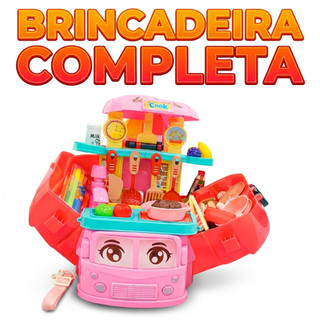 Cozinha Infantil Portátil Brinquedo Kit Cozinha Completa 31 Peças Maleta Ônibus Food Truck Cozinha de Brinquedo Menina M