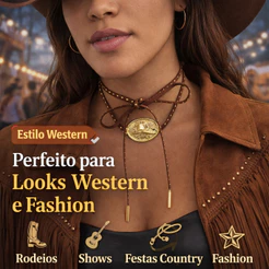 Colar Country Feminino Rodeio Western Pingente Folheado Boho Sertanejo Moda Fashion Boiadeira