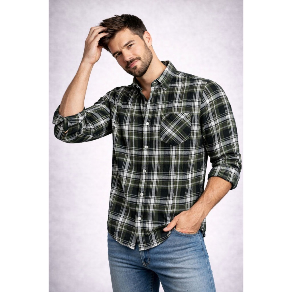 Camisa Masculina Flanela Social Manga Longa Xadrez Lenhador Bom Pano Verde/Branco