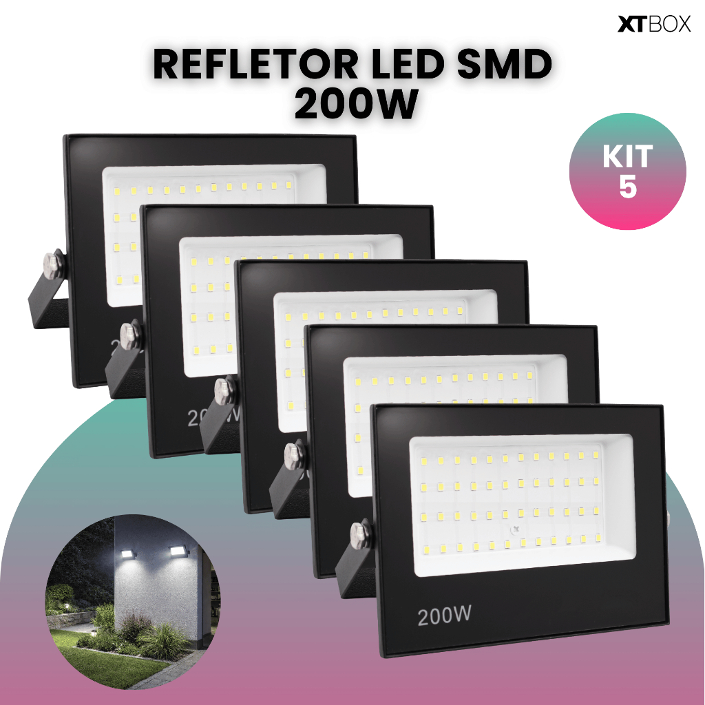 Kit 5 Refletor Led 200w Holofote Prova D'água Bivolt Luz Branco Frio em Oferta na Shopee