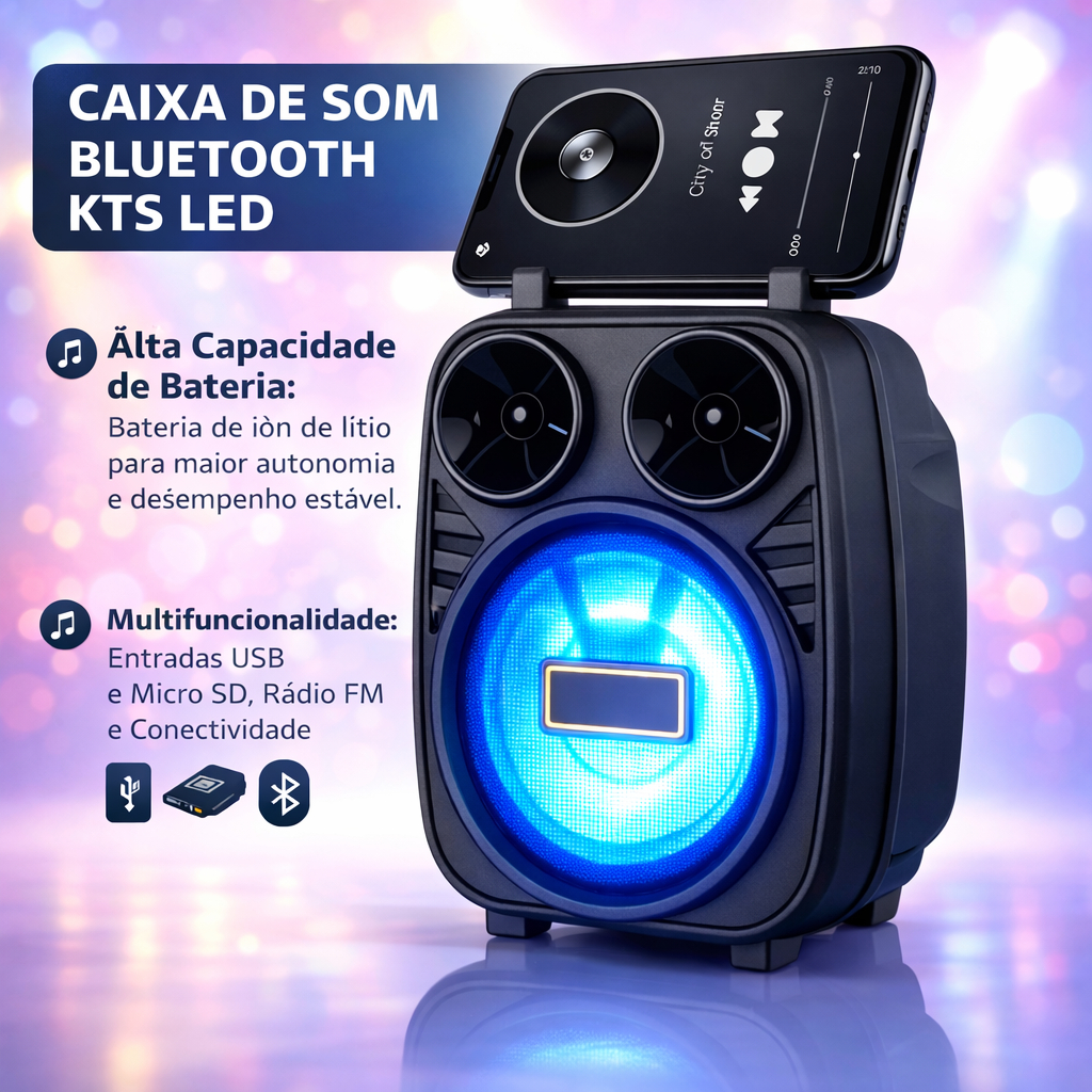 Caixa Som Bluetooth KTS Potente Recarregavel Radio FM Portatil LED Alto Falante Compacto