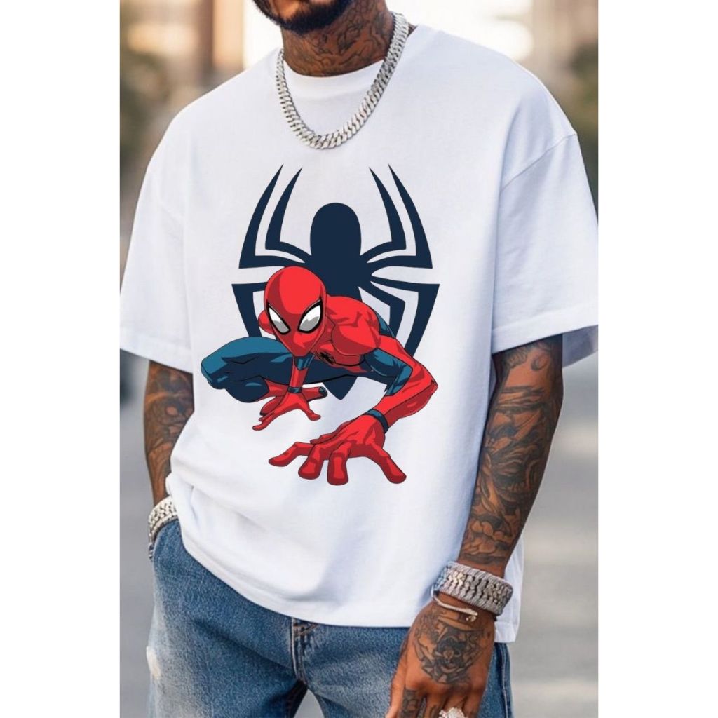 Camiseta Camisa Estampada Herói Aranha Algodão Branca e Preta Personagem Filme Desenho Moda Unissex