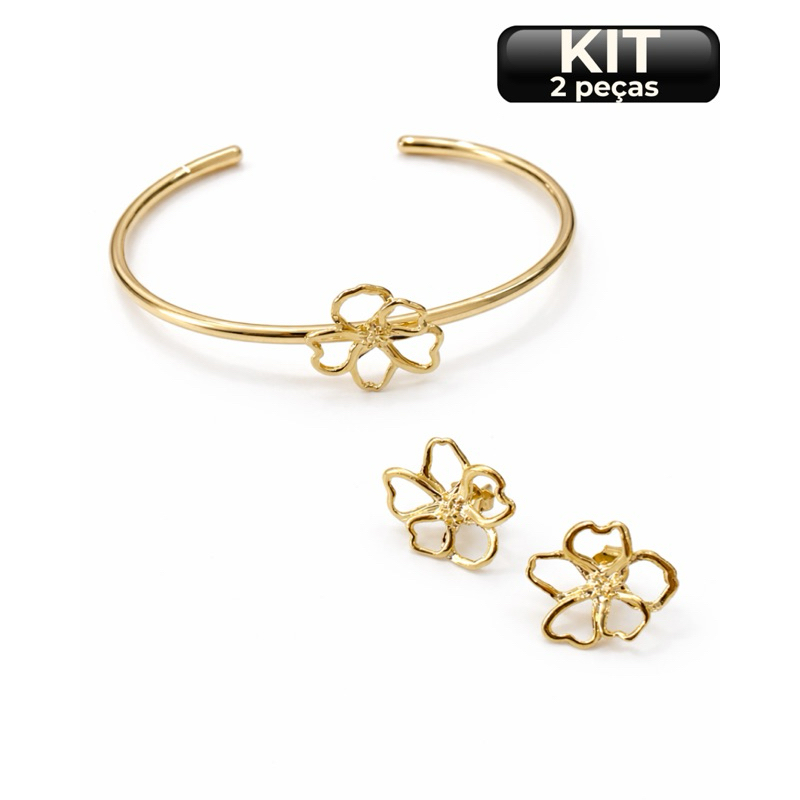 Brinco Feminino + Bracelete Semijóia - Orgânico Flor Leve e Delicado a Ouro 18k