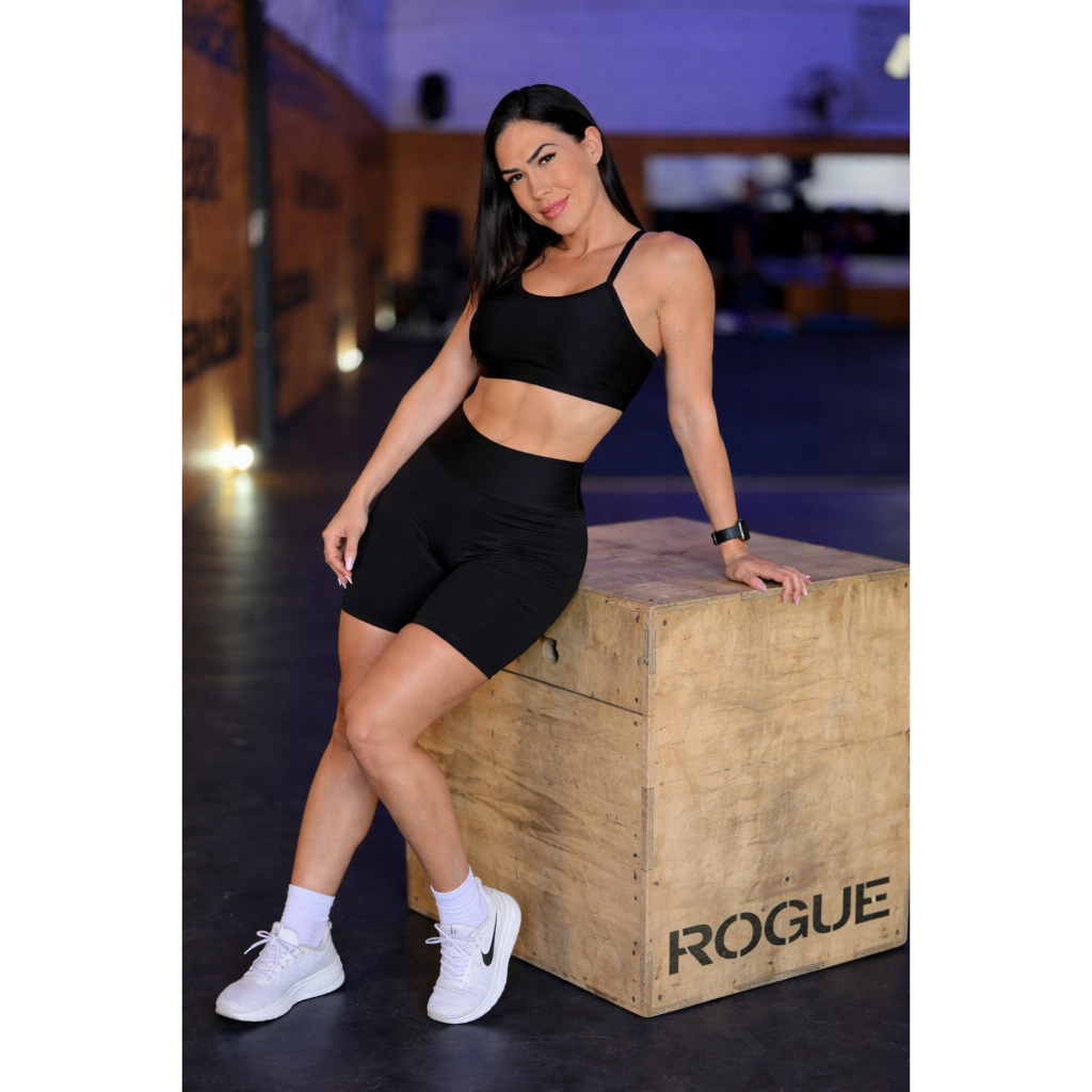 Conjunto Fitness Feminino Academia Short Cintura Alta Top Preto Compressão Treino Yoga Crossfit Moda Fitness