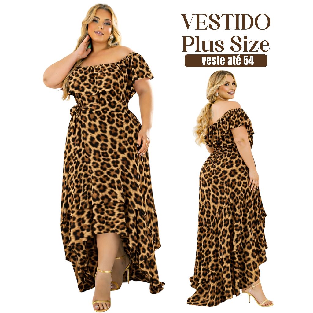 Vestido Plus Size Longo Animal Print Onça Ciganinha Babado Elegante Veste Até 54 em Oferta na Shopee
