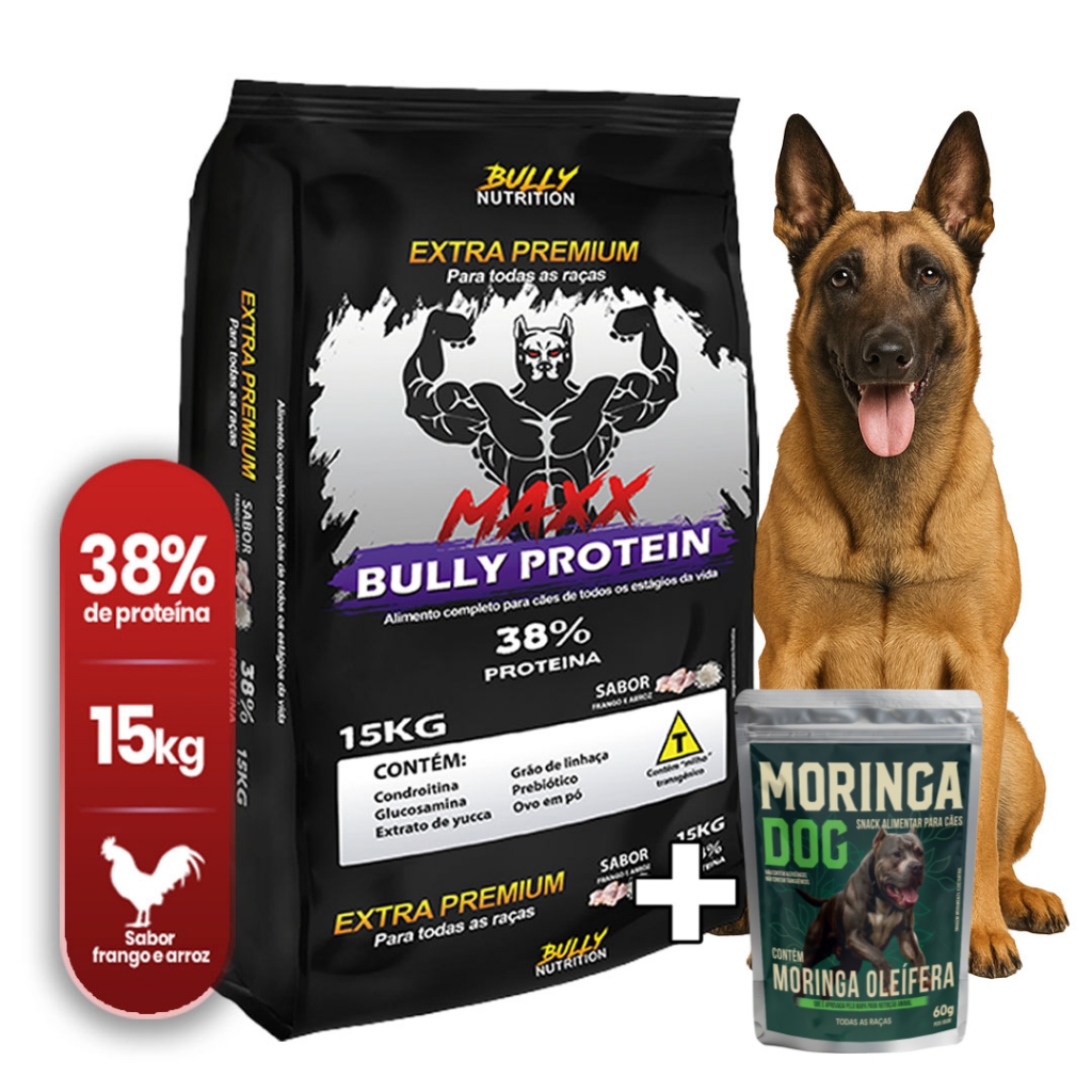Ração Cães Pastor Malinois Maxx Protein Extra Premium 15Kg + Ganhe Moringa Dog 60g + Moringa Dog 60g
