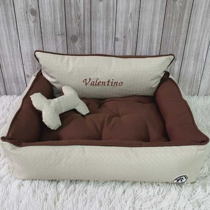 Cama Pet Sofá Aconchegante Para Cães e Gatos  Corino Bege Marrom Personalizado Tamanho M