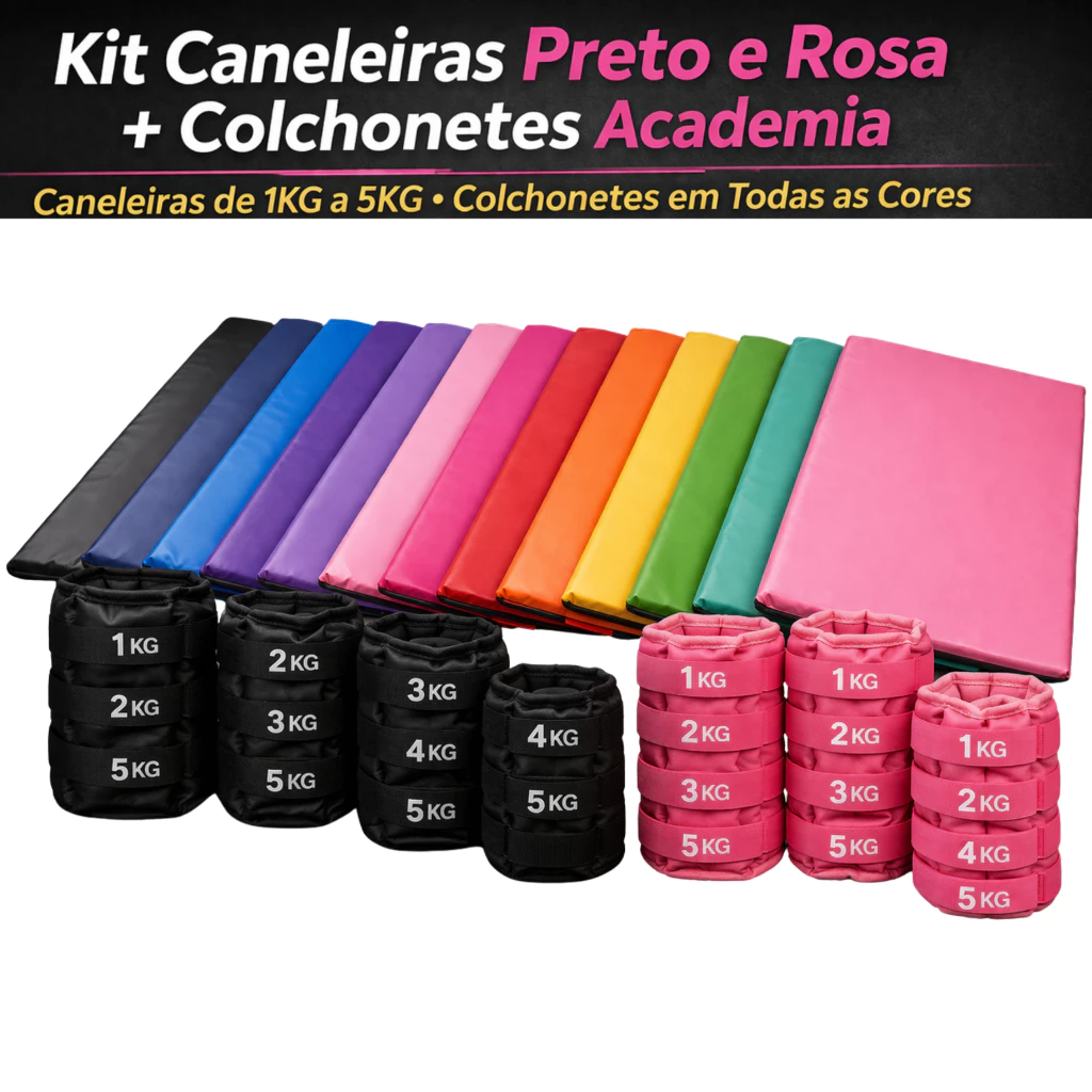 Par e Unidades Caneleiras Preto e Rosa + Colchonetes Diversas Cores – Kit Completo Colchonete + Caneleira Fitness — imagem 1
