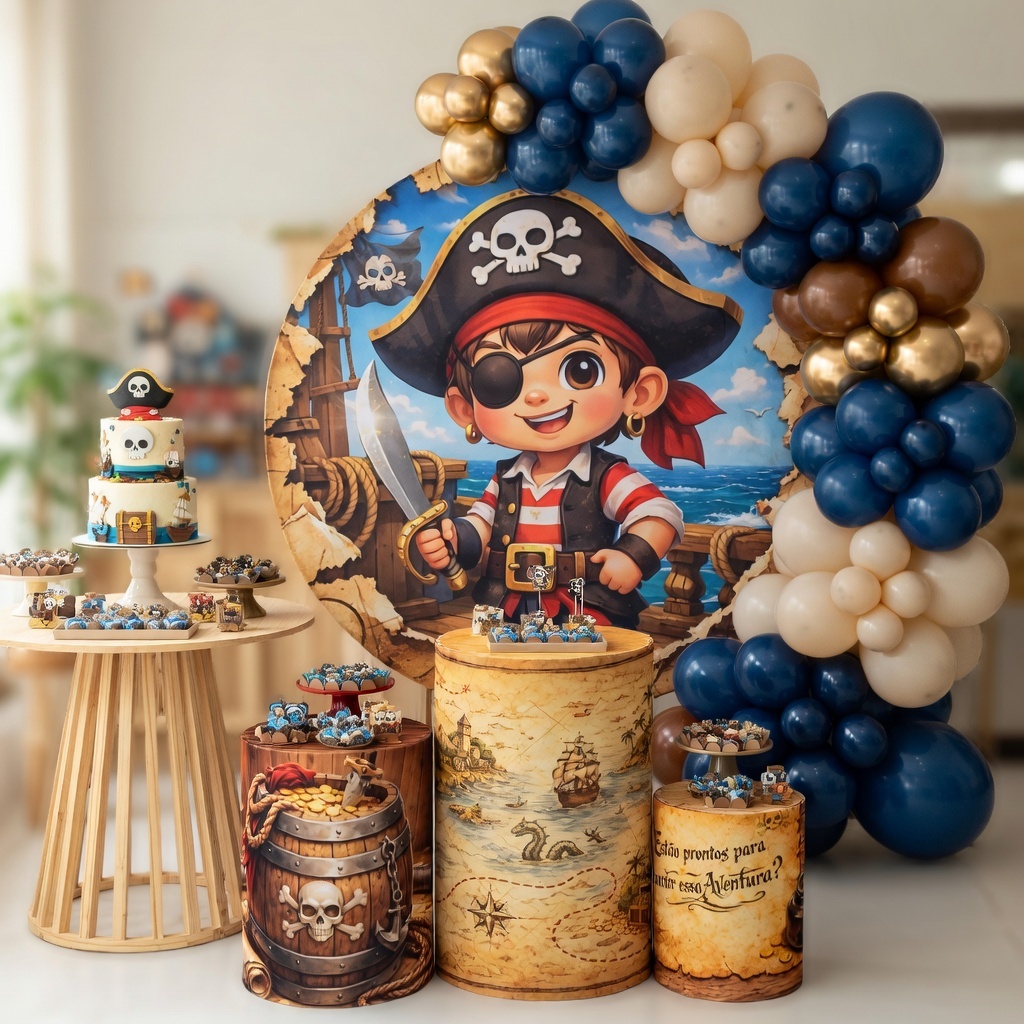 Kit Pegue e Monte Tema Pirata Decoração Bibi Painéis + Cilindros Capas Sublimadas Infantil Festa Menino Aventura