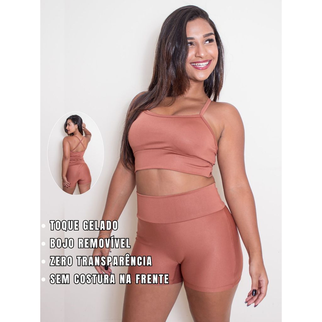 Conjunto Academia Feminino Short Cintura Alta e Top de Alcinha Alta Sustentação Zero Transparência