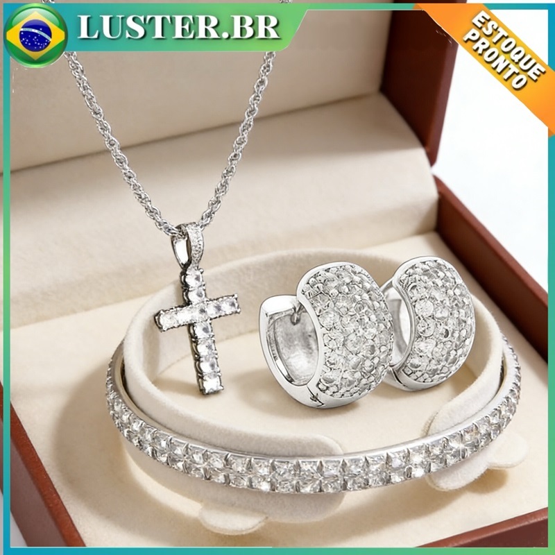 Kit Joias Strass Prateadas Unissex | Colar Cruz Hip Hop | Acessório para Homens e Mulheres Brasil em Oferta na Shopee