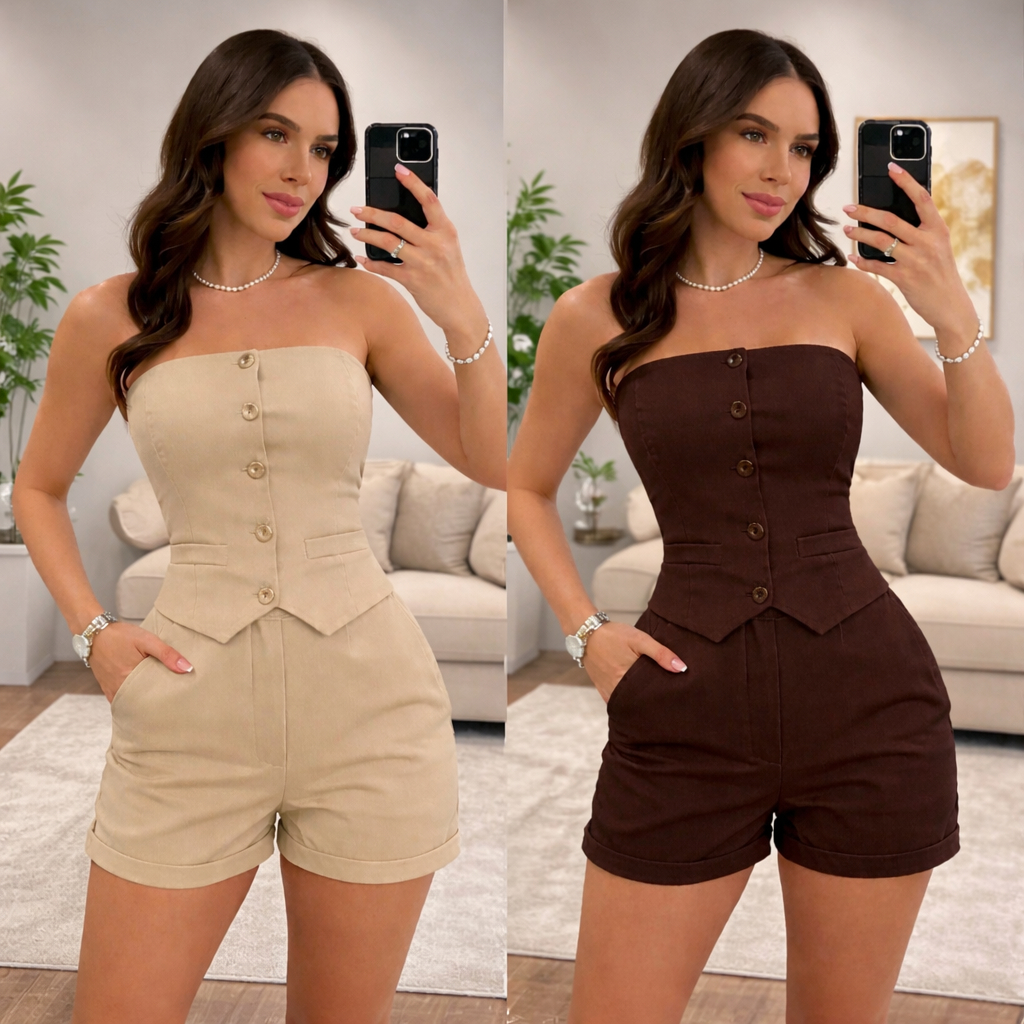Conjunto Bia Alfaiataria Feminino Colete Tomara que caia com Botão Short Curto Social Elegante e Sofisticado Moda Verão