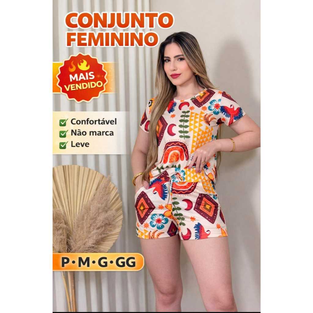 Conjunto Feminino Estampado Short e Blusa Leve Fresquinho  Confortável Moda Verão P. M. G. GG