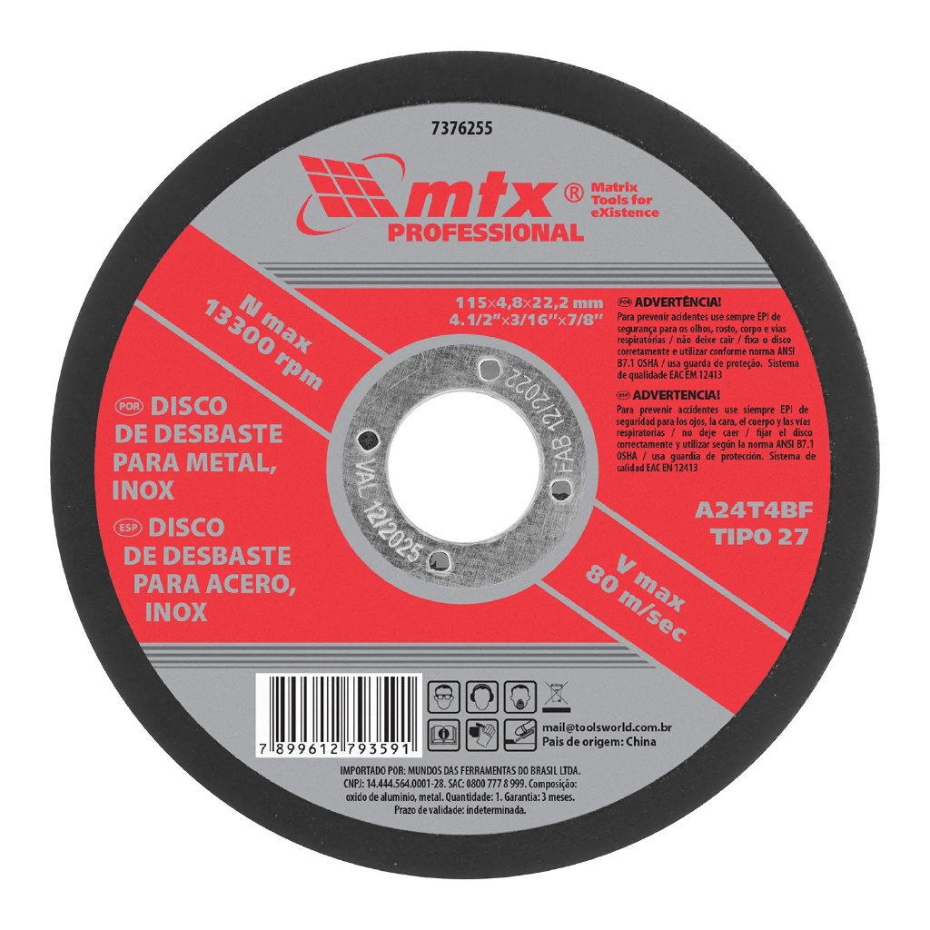 Disco de Desbaste para Metal 115 x 4,8 x 22,23mm 1 Peça MTX
