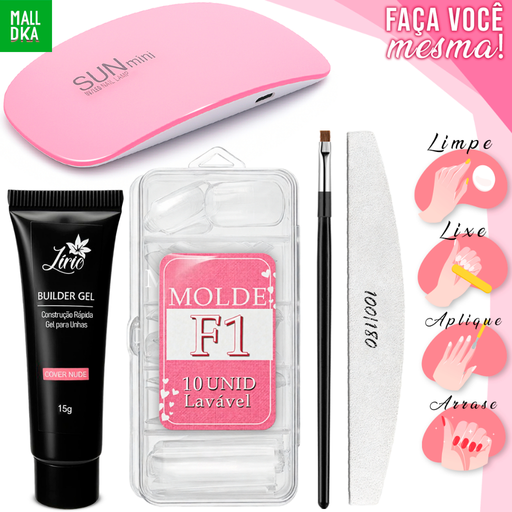 Kit Unha Pollygel(5 ITENS) Cabine SunMini Portatil Molde F1 Lixa de tips Unhas Postiça