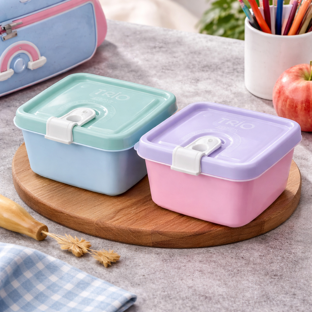 Pote Quadrado Trio 210ml Plástico Com Tampa e Trava Infantil BPA Free Freezer Lanche Escolar Creche