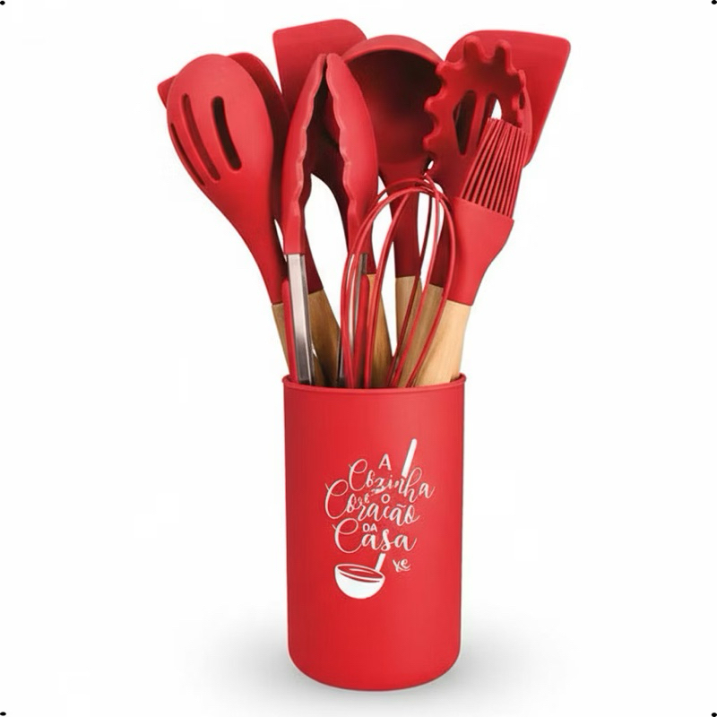 Kit Utensílios de Cozinha Silicone 7 Peças Vermelho com Cabo de Madeira | Espátulas Antiaderente