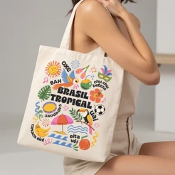 Bolsa Sacola Ecobag Ecológica Estampada 100% Algodão Brasil Tropical Estilo Praia e Dia a Dia 33x40