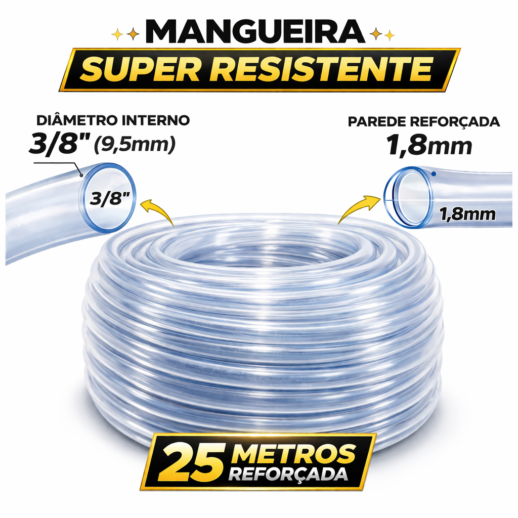 Mangueira Cristal Ags 3/8  X 1,8mm Rolo 25 Metros Flexivel Transparente Mangueira Nível para Obra