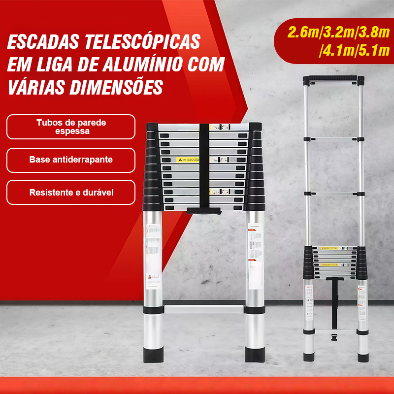 Escada Telescópica 2.6-5.1Metros Com 13 Degraus Aço Inoxidável