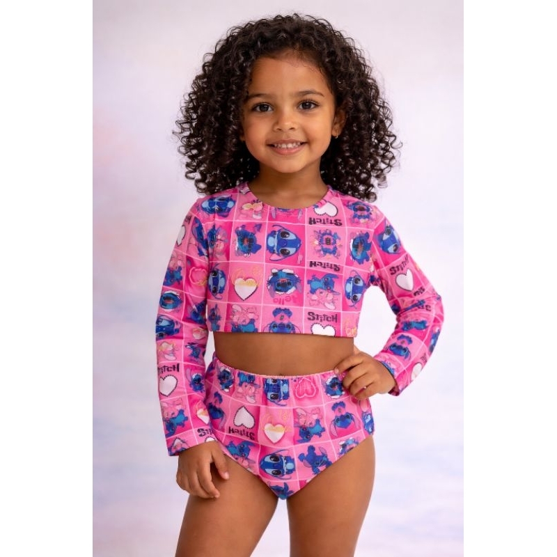 Biquíni Infantil Stitch Menina Manga Longa Proteção UV 50+ Conjunto Praia Piscina Verão