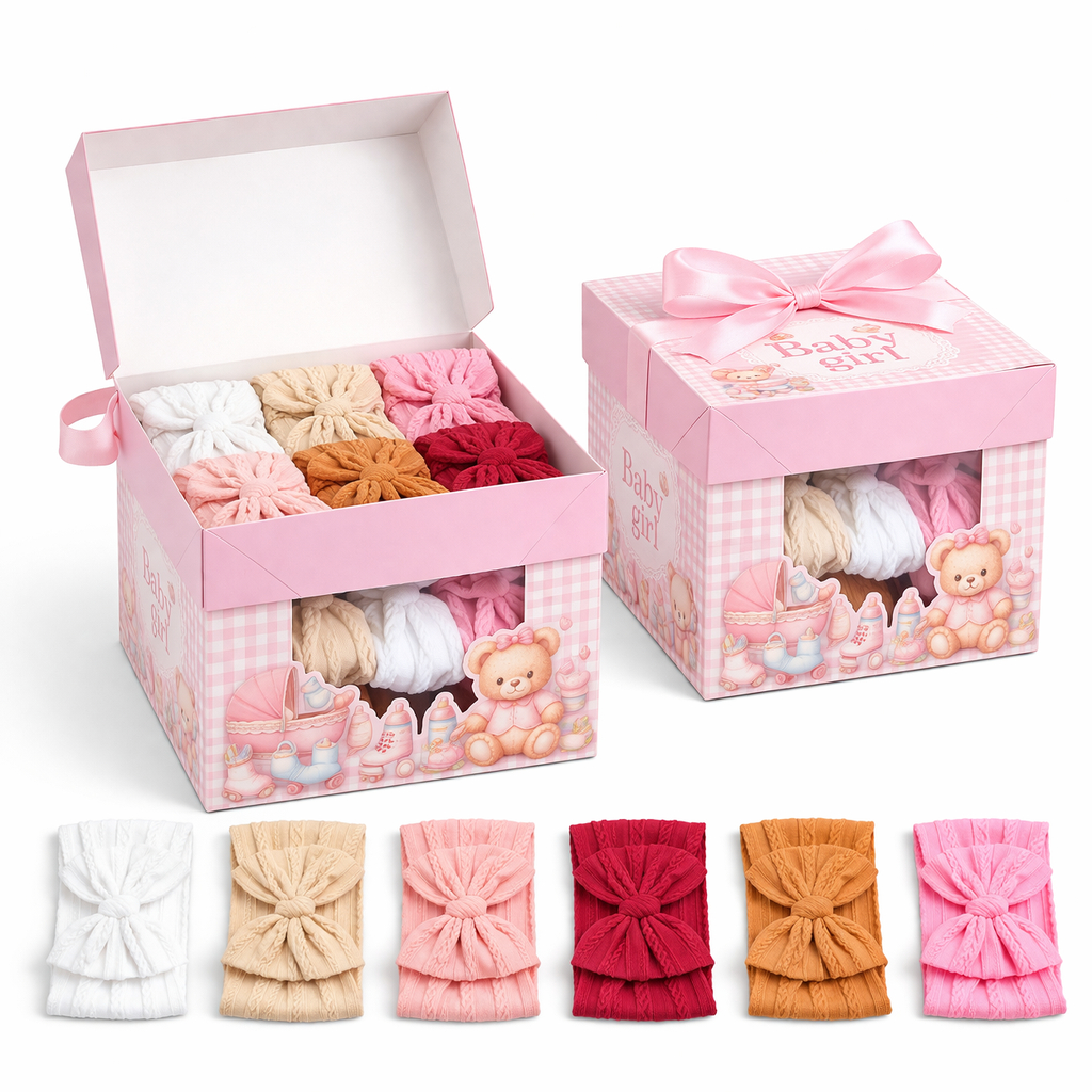 Kit 6 Faixas de Bebê Menina com Laço Nylon Texturizado Macio Elástico Caixa Presente Maternidade