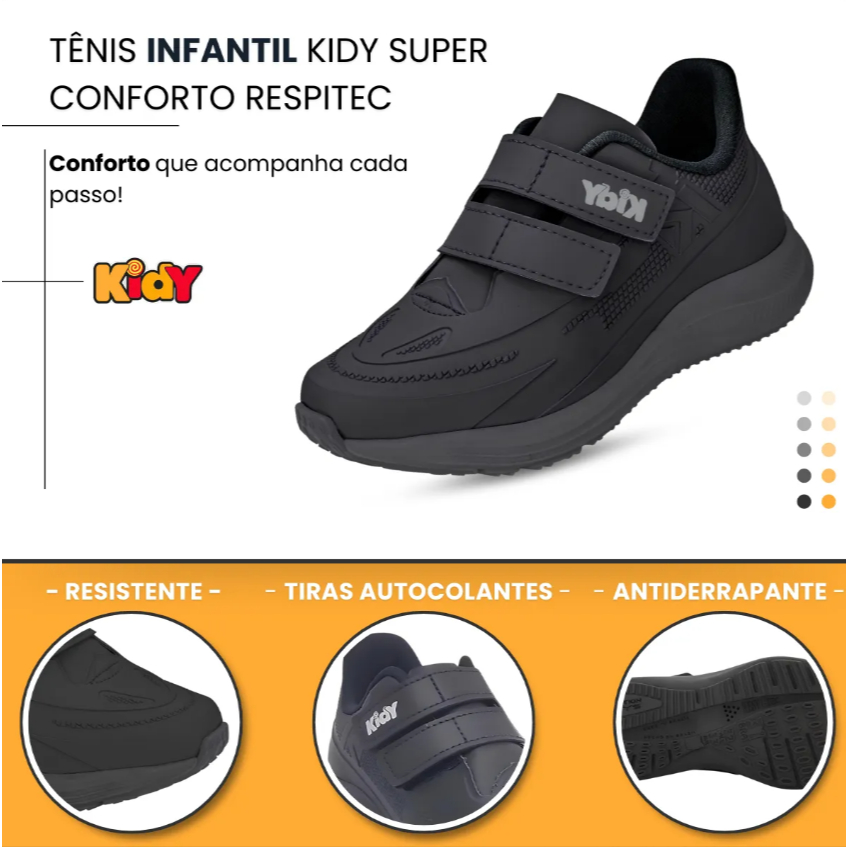 Tênis Infantil Menino Kidy Escolar Super Conforto Respitec Preto