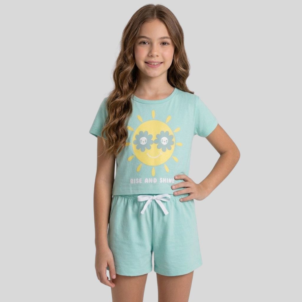 Conjunto Verão Infantil Roupa Menina Blusa Cropped com Shorts Confortável Tamanho 4 ao 14