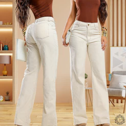 Calça Feminina Wide Leg MD Areia clara 100% algodão Cintura Alta Levanta Bumbum Perfeita