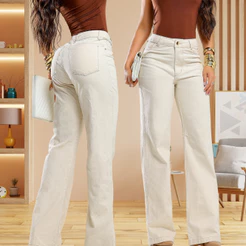 Calça Feminina Wide Leg Areia Delicada 100% algodão Cintura Alta Levanta Bumbum Perfeita