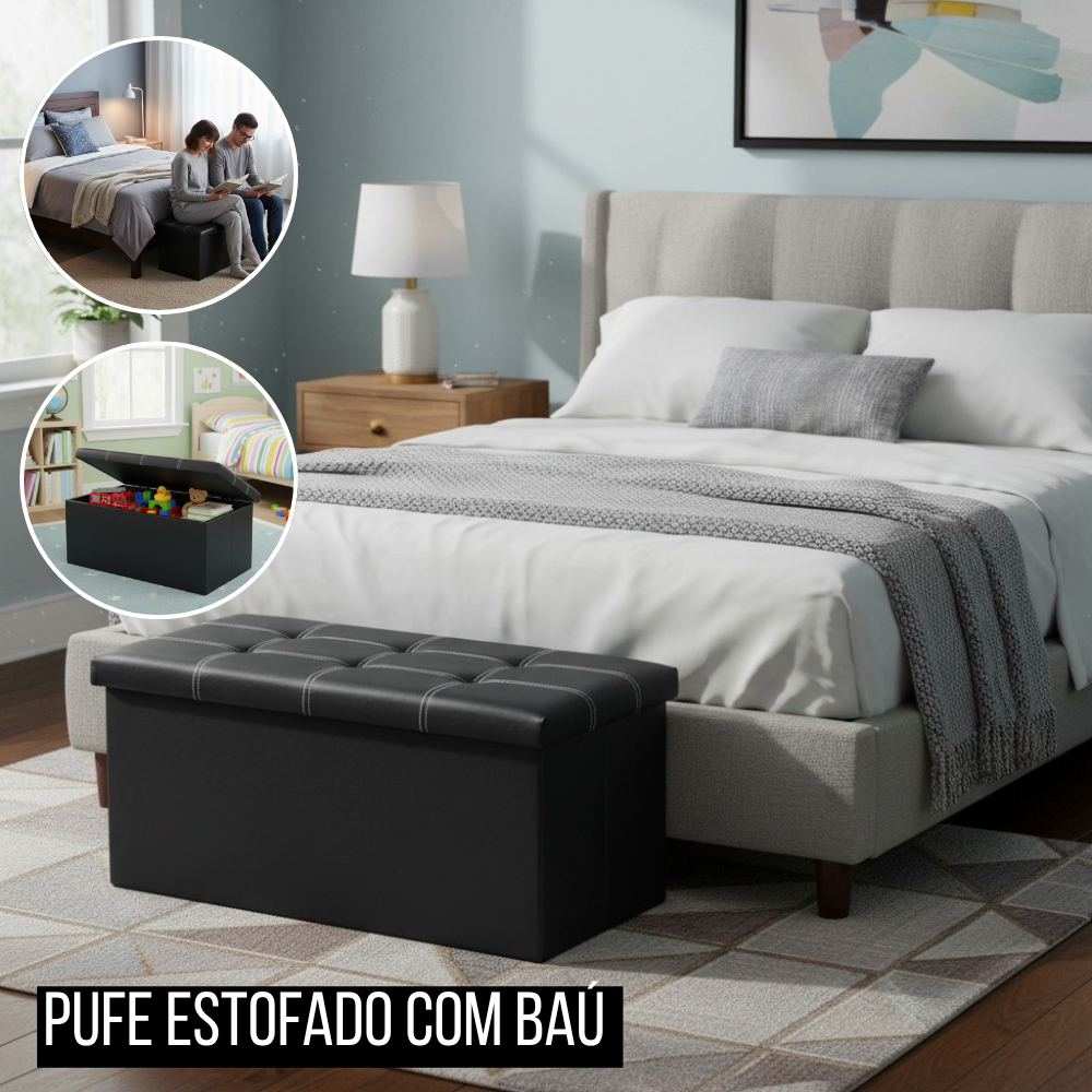 Pufe Puf Estofado Baú Preta Prático Assento Guarda Organização Conforto Estilo Quarto Sala Decoração