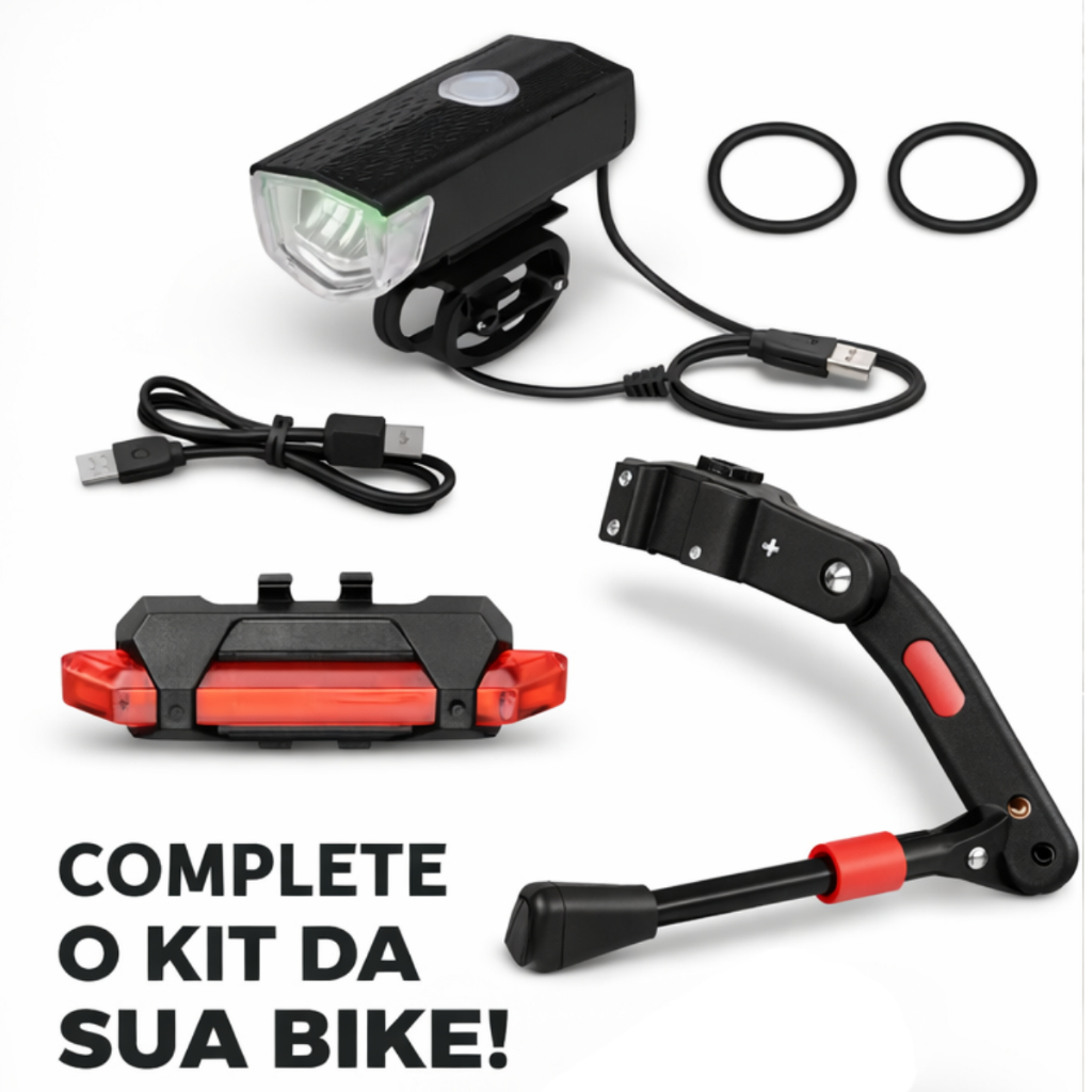 Kit Bike Farol LED Lanterna Traseira Pezinho Descanso Ajustável USB Segurança Noturna