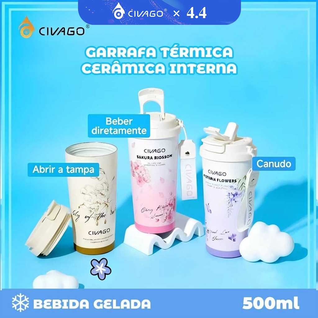 CIVAGO Copo Térmico 500ml com Alça de Tecido e Estampa Floral​ Garrafa Térmica Fashion Antivazamento 12h Quente/24h frio em Oferta na Shopee