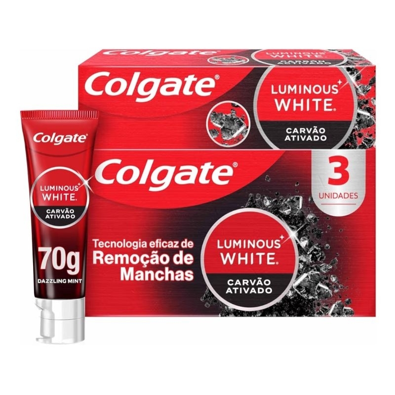 PROMOÇÃO KIT 3 Creme Dental Clareador Colgate Luminous White Carvão Ativado 3 Unidades 70g Cada