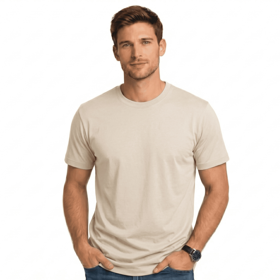 Camiseta Básica Bege Claro Masculina Adulto 100% Algodão Premium Unissex Gola Ribana Reforçada