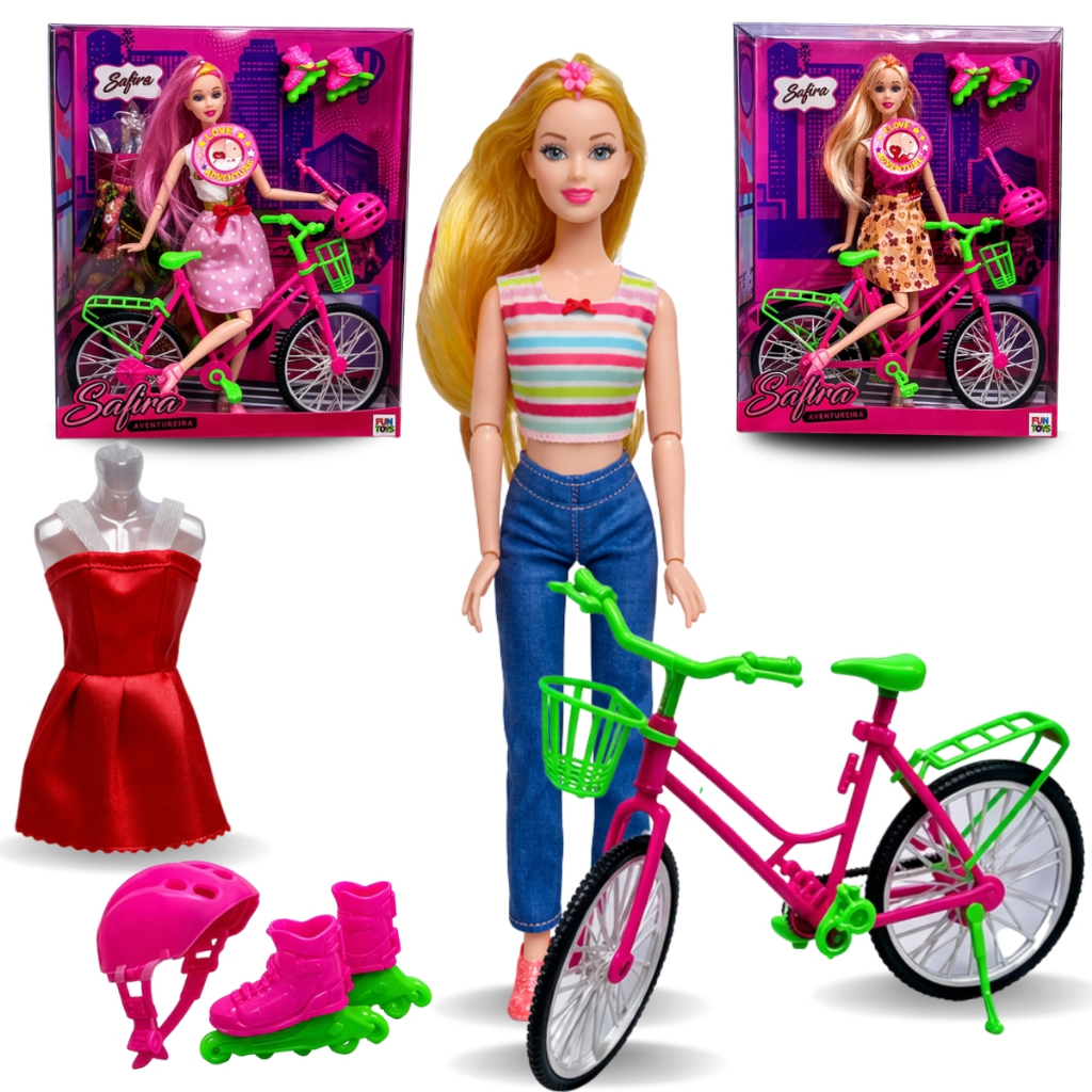 Boneca C/ Bicicleta Patins Radical Articulada Musical Safira