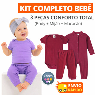 Kit Roupa Bebê 3 Peças Body + Macacão + Mijão com Elastano Macio e Confortável Qualidade Impecável em Oferta na Shopee