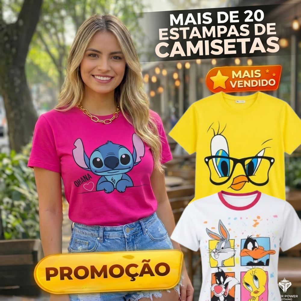 Camiseta Feminina T-shirt Personagem Mickey Minnie Tigrão Tom Jerry Ohana Stich Meninas Poderosas