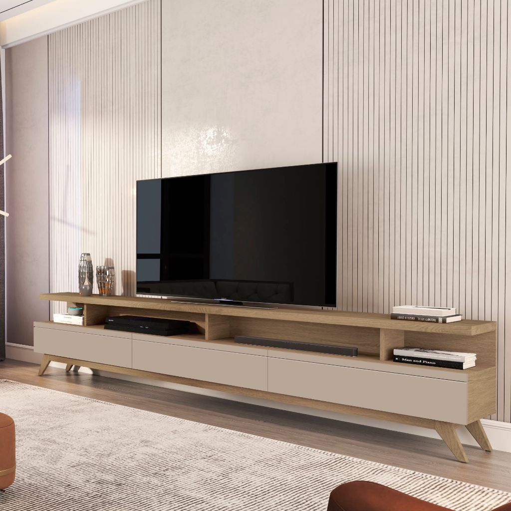 Rack TV 85 Polegadas 3 Gavetas Nichos Abertos Pés Madeira Estilo Moderno -  Decorativo Sala de Estar