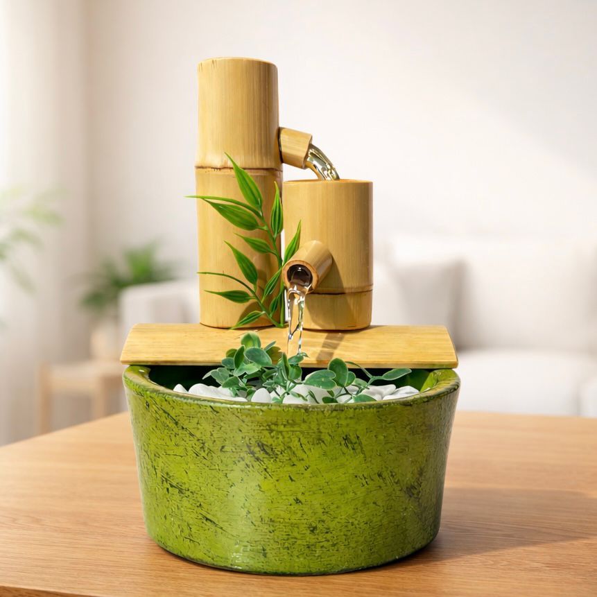 Imagem Fonte de Água Bambu Zen 2 Quedas Decorativa Feng Shui Cascata Relaxante Sala Escritório Harmonia