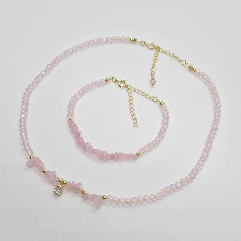 Conjunto Aurora Rosa Choker e Pulseira Quartzo Rosa Cristais Rosa Boreal Ouro 18k Hipoalergênico