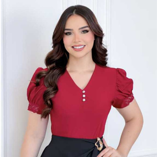 Blusa Feminina Social Gola V Com Renda Manga Curta Elegante em Oferta na Shopee