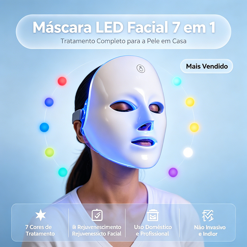 Máscara LED Facial 7 em 1 Fototerapia Estética – Rejuvenescimento, Antiacne e Clareamento com 7 Cores de Luz