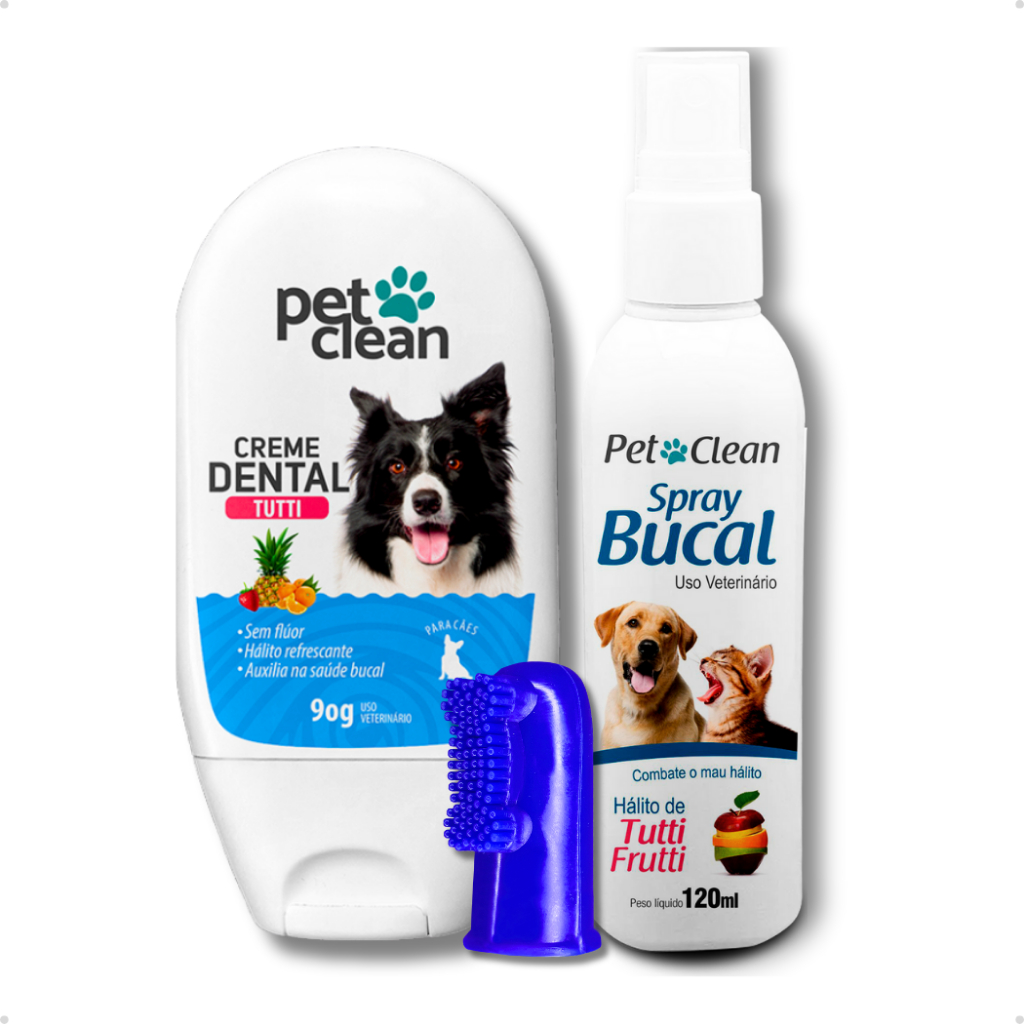 Kit Higiene Bucal Creme Dental Pasta de Dente Cachorro e Gato + Spray Bucal + Dedeira Pet Clean
