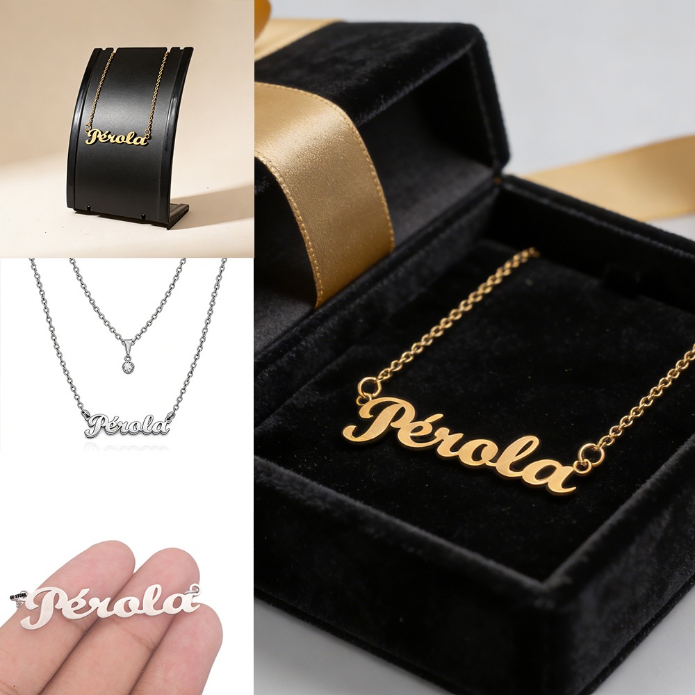 Colar De Nome Pérola Feminino Gargantilha prata e dourado em aço inox corrente colar de nomes Perola pode molhar